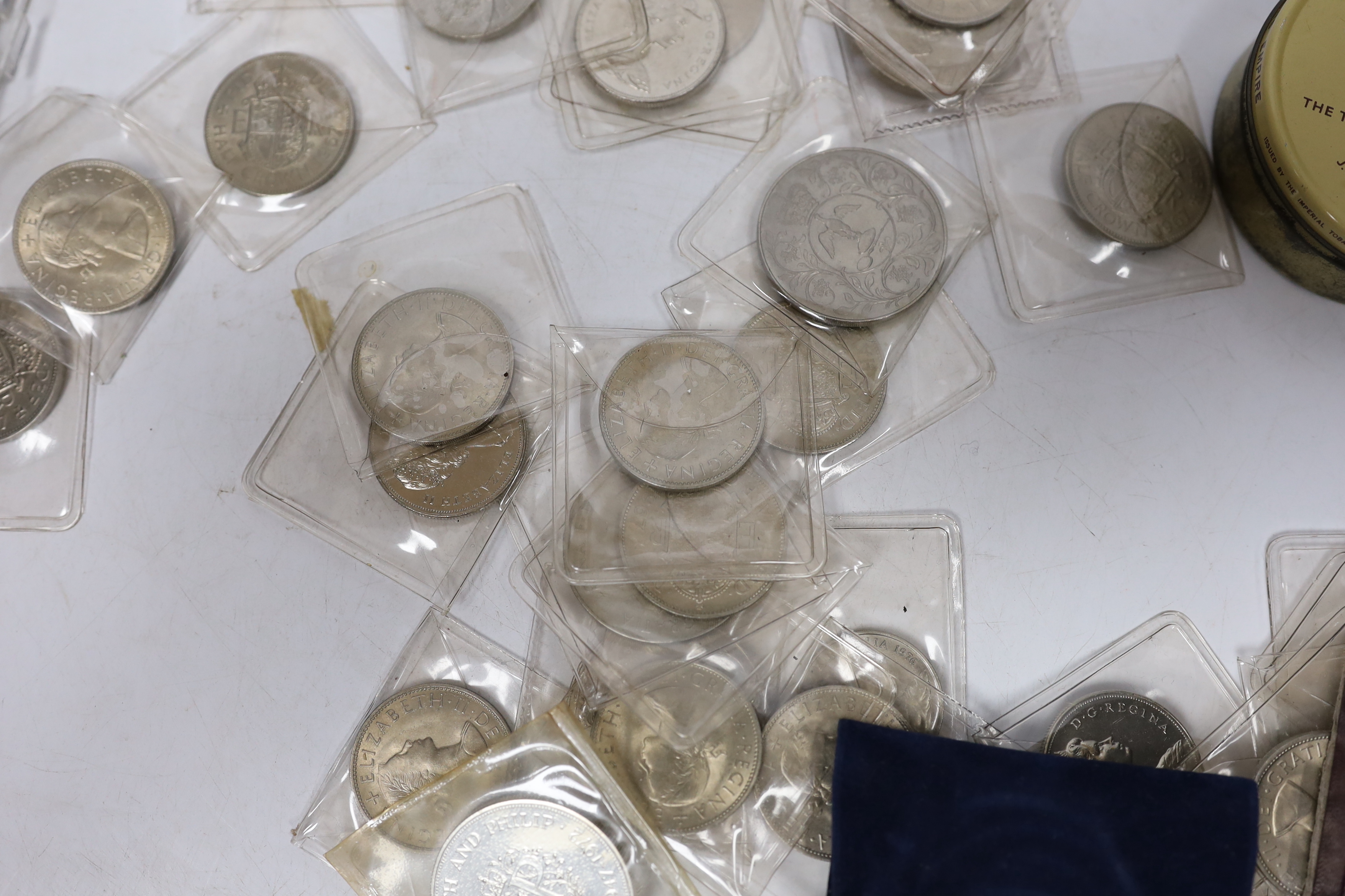 A group of assorted coins including half crowns, five shillings etc